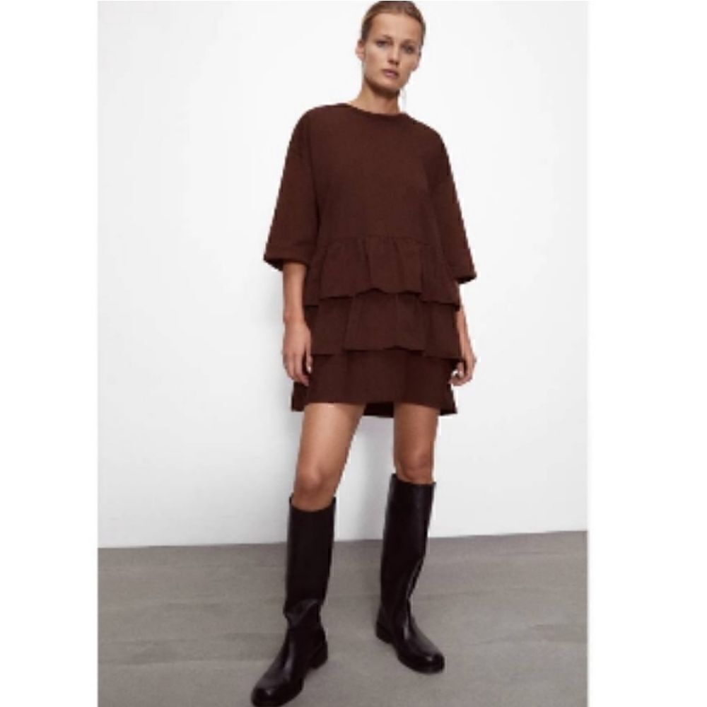 Zara Ruffle Tier Front Bottom Oversized Dress Brown Size S